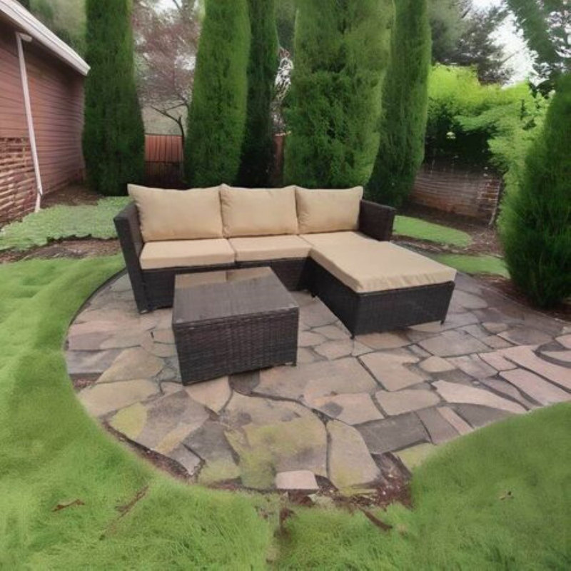 Hampus 3 Seater Rattan Brown/Beige Garden Sofa Set With Large Stool And Coffee Table