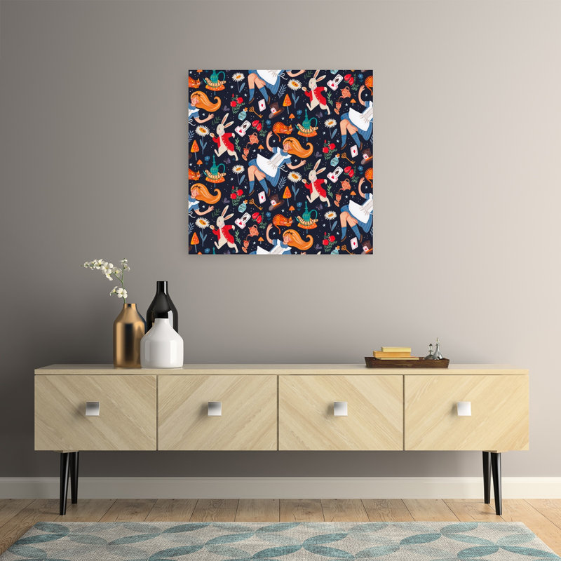 Alice au pays des merveilles - Affiche murale colorée et fantaisiste avec chat, lapin et forêt de fleurs, 32" H x 32" W