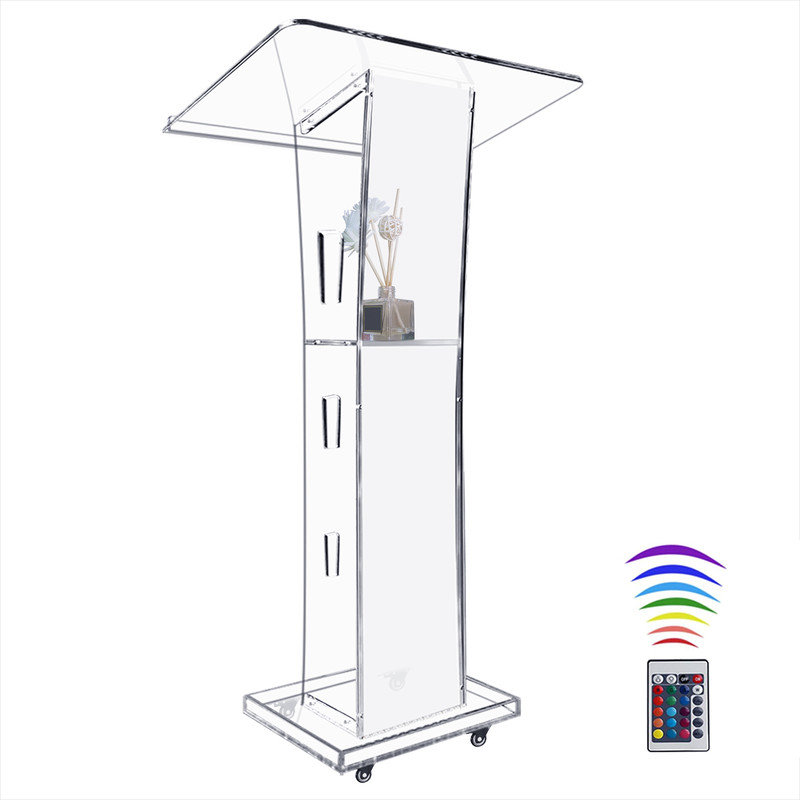 Acrylic Podium with LED Lighting, Clear Lectern Stand with Storage Shelf, Modern Presentation Stand for Church, Wedding, Conference, Classroom & Events