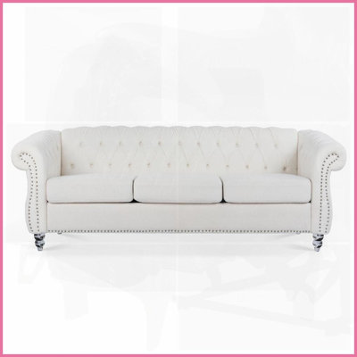 Classic Chesterfield Teddy Velvet 3-Seater Sofa - 84.65"W Living Room Couch with Pocket Springs &amp; Solid Wood Frame
