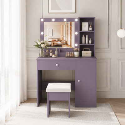 Ensemble de coiffeuse violette élégante avec miroir rond lumineux