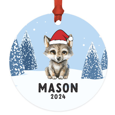 Ornement en métal sur mesure loup de bébé avec chapeau de père Noël décoration de Noël avec sac cadeau