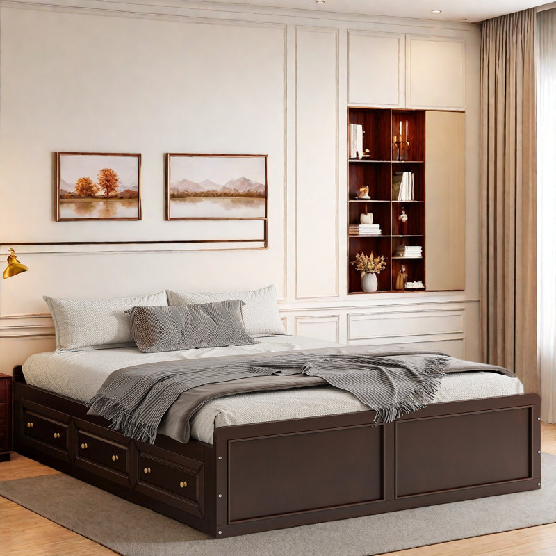 Lit plateforme en bois avec 6 tiroirs, sans tête de lit, Espresso