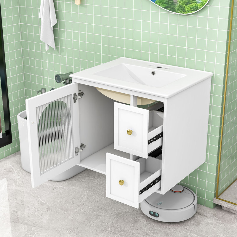 Meuble-lavabo mural 24 po avec lavabo en céramique, armoire de porte en verre et 2 tiroirs 24 po, Blanc