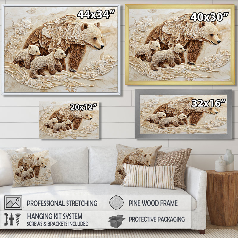 Décoration murale mère ours et oursons I, Reproduction encadrée d'une seule photo sans pass, Noir, H 12 po x l 20 po