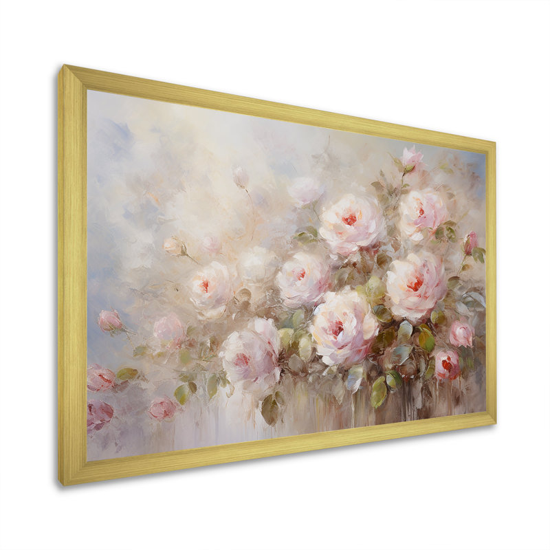 «Pink Roses Farmhouse Charm - Roses, art sur toile, H 16 po x l 32 po, Cadre simple noir, Doré