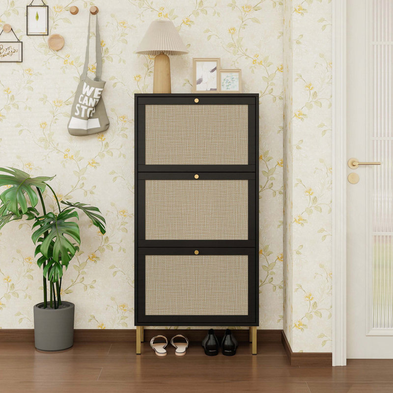 Armoire de rangement à chaussures en rotin à 3 portes avec base en métal et tablettes doubles, Noir