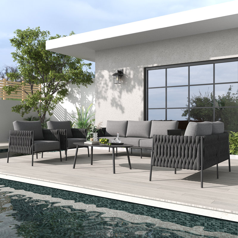 5 Piece Outdoor Furniture Set with Coffee Table, Modern Rope Woven Patio Conversation Sofa Set with Olefin Braid and Deep Seating