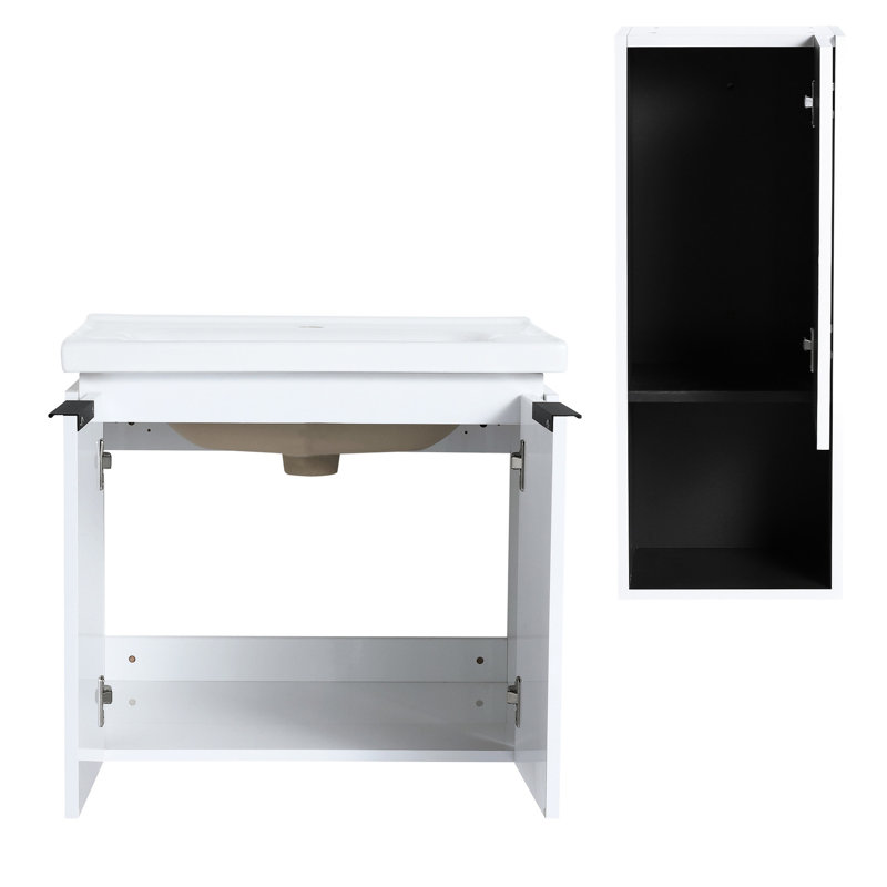 Armoire de salle de bain 24 po avec lavabo en céramique et compartiment latéral - Meuble de rangement fonctionnel élégant