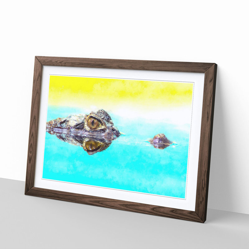 Peering Crocodile - Picture Frame Graphic Art Print, 45cm H x 63cm W x 2cm D, Walnut