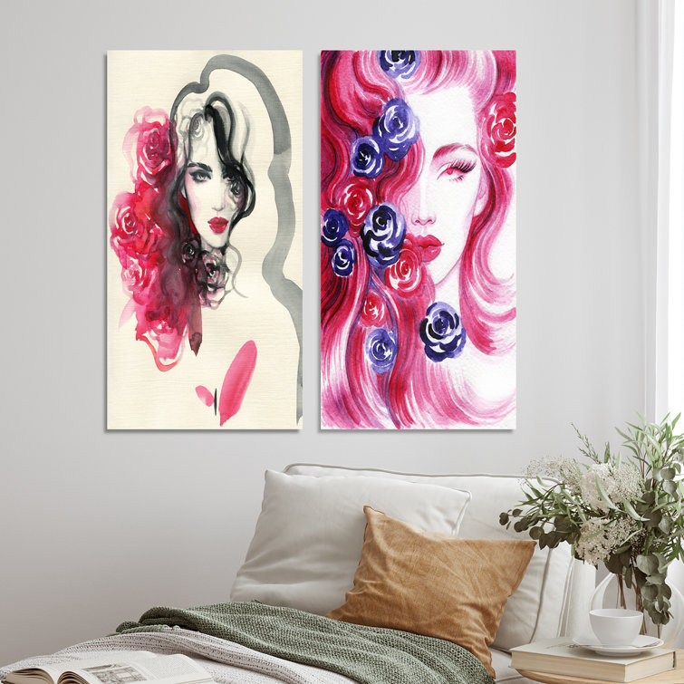 " Pink Floral Glam Woman Portrait " 2 - Pieces Painting Print on Canvas