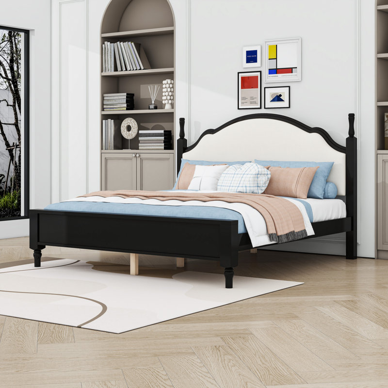 Lit plateforme en bois avec tête et pieds rembourrés courbés, Très grand lit, Black Beige