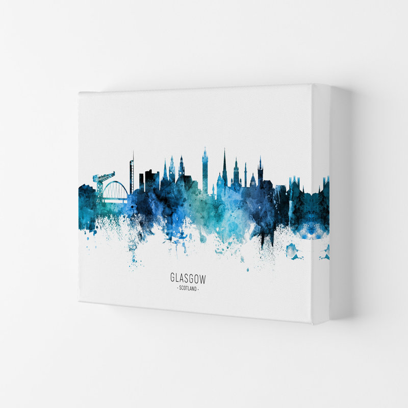Glasgow Scotland Skyline Blue City Name by Michael Tompsett - Print, 59.4cm H x 84cm W x 4cm D, Wrapped Canvas