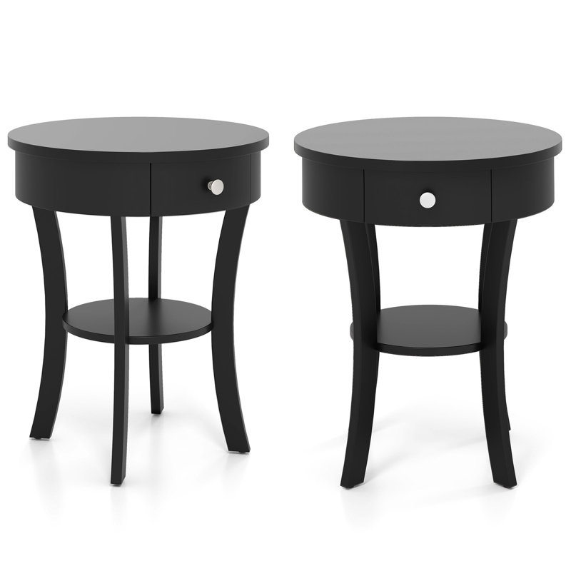2 Pcs 2-tier Side End Sofa Table Round Nightstand Bedroom Living Room Black