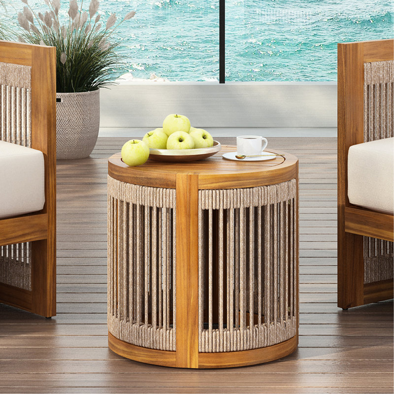Outdoor Side Table 16.9", Wood Construction, Handwoven Rope Design, Patio Decor Piece, , Slatted Form