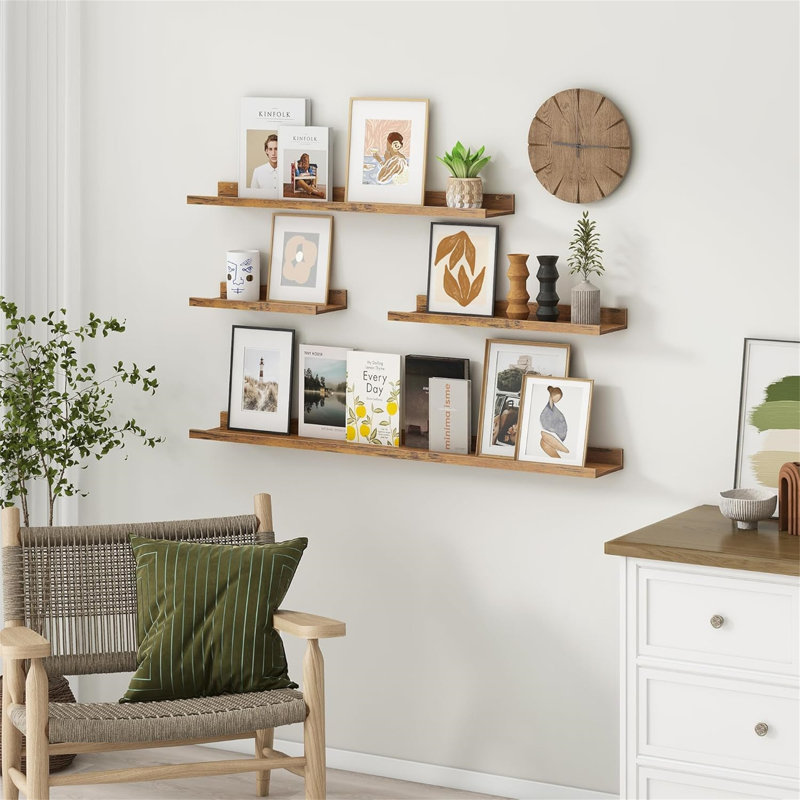 Rustic Floating Shelves Set of 3 with Lip, Picture Ledge Shelf for Nursery, Living Room – Multipurpose Storage Organizer, Bookshelf, & Photo Display Rack Rustic Brown