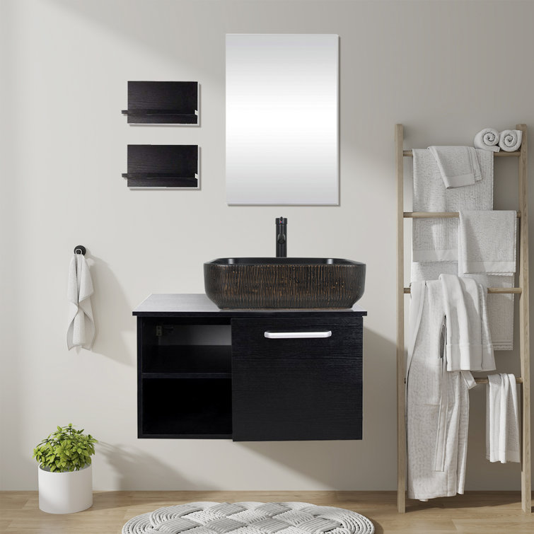 28 In. W X 19 In. D X 16 In. H Bathroom Vanity In Black With Sink And Black Solid Surface Top And Mirror