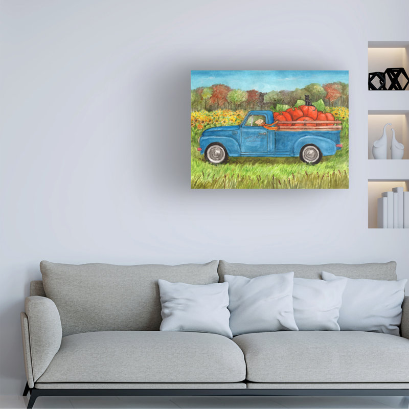 Art sur toile «bolologia bolinda» avec citrouilles et chien, H 14 po x l 19 po
