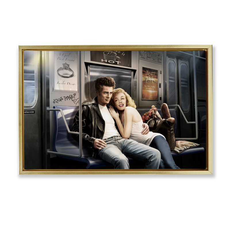 «Subway Ride Famous chiffres Brown», art par Jadei, H 17 po x l 25 po, Cadre flottant métallique doré