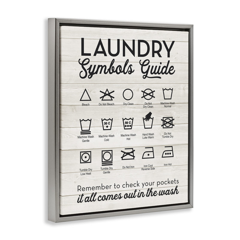 «Laundry Laundry Symbols Guide», art mural sur toile par lettrage et doublure, H 21 po x l 17 po, Cadre flottant gris lustré