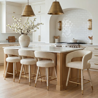 24" Upholstered Counter Height Bar Stools Set Of 4 With Gold Footrest & Curved Barrel Back
