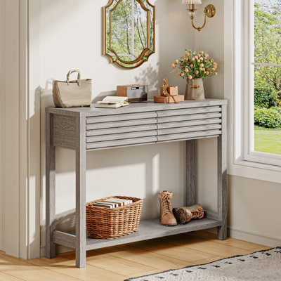 Console cannelée 40 po avec 2 tiroirs, table d'entrée moderne en bois à 2 niveaux avec tablette de rangement