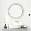 Miroir mural rond en bois blanc vieilli orné de perles, 90 cm (35,43 po), style champêtre vintage, idéal pour salle de bain, chambre ou entrée. Miroir décoratif shabby chic.