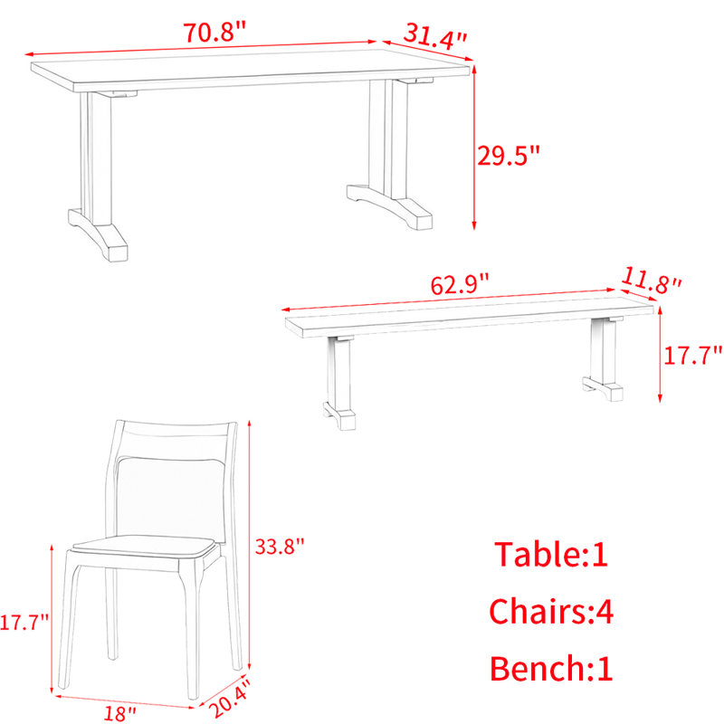 Ensemble de table rectangulaire moderne et simple en bois massif, H 29,5 po x L 70,8 po x l 31,4 po, 6