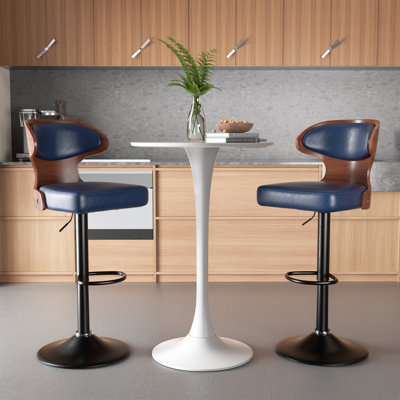 Modern Blue Leather Upholstered Metal Frame Swivel and Height Adjustable Bar Stools Set of 2