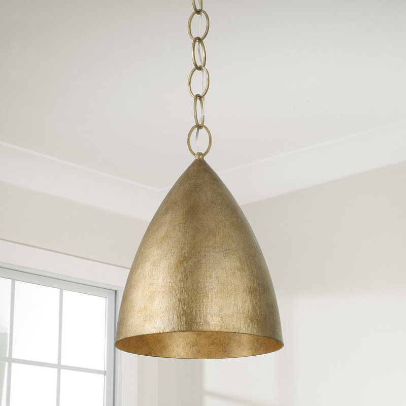 13" W x 18" H Integrated LED Cone Pendant in Textural Feathered Brass with Designer Chain, 13"W x 18"H