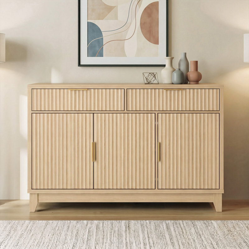 47" Modern Fluted Buffet Cabinet, 2 Drawers + Adjustable Shelves – Large Storage for Dining Room, Living Room, Burlywood