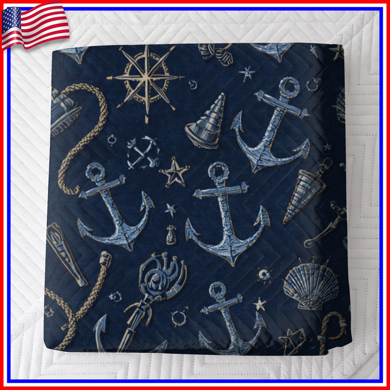 Nautical Anchor Pattern Quilted Bedspread All Sizes, Twin
