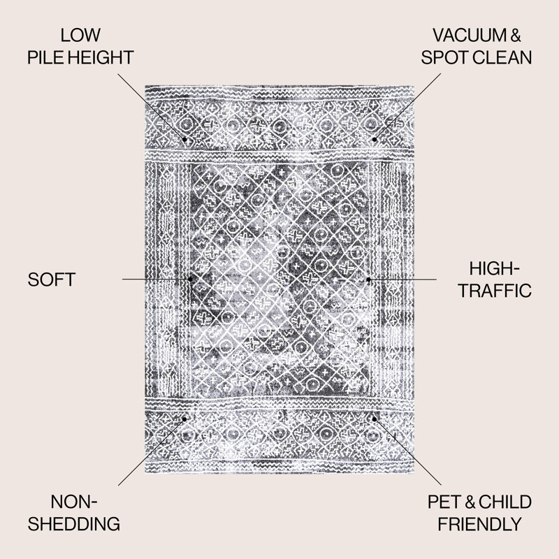Maidste Moroccan Geometric Distressed Ivory/Black Rug, Rectangle 3' x 5'