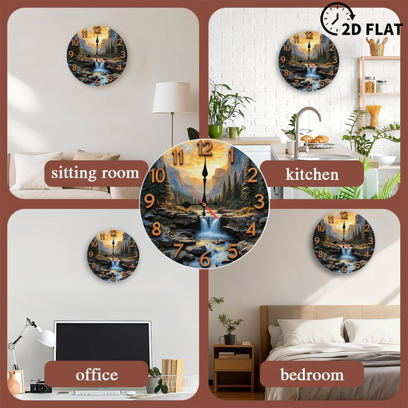Nature Waterfall Sunset Mountain Clock Wall Decor
