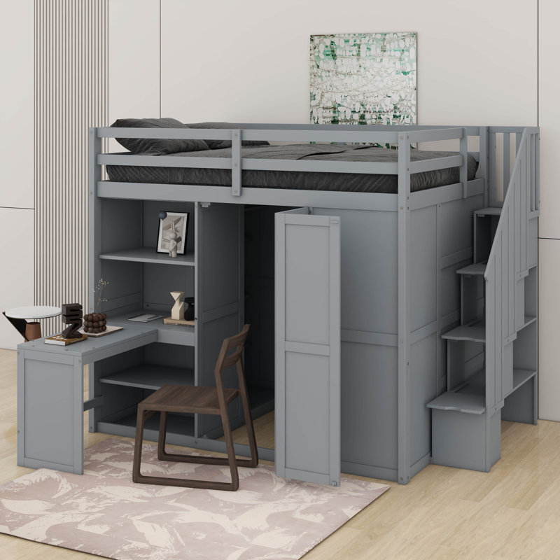 Lit mezzanine double avec garde-robe, bureau et tablettes, Gris
