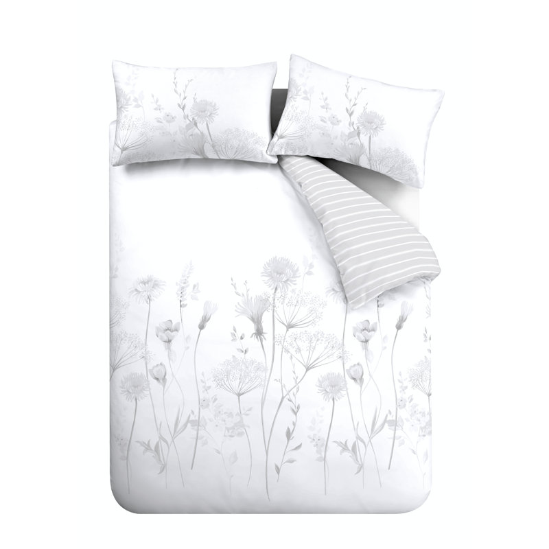 Meadowsweet Floral Reversible Duvet Cover Set with Pillowcases, White/Grey, King Duvet Cover + 2 Standard Pillowcases