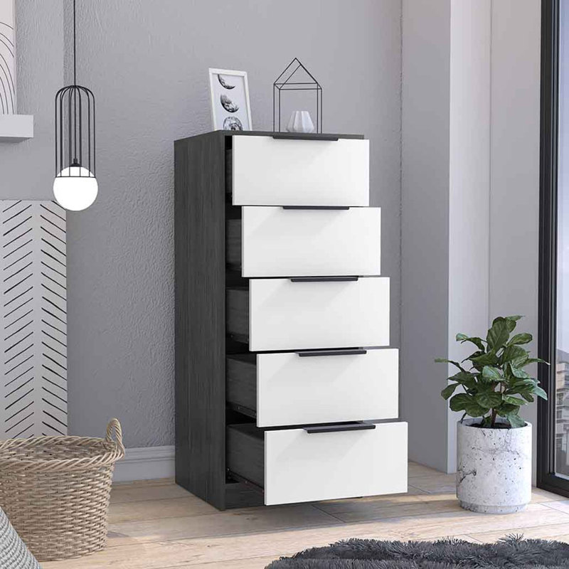 Commode 5 tiroirs Modern, Blanc / gris