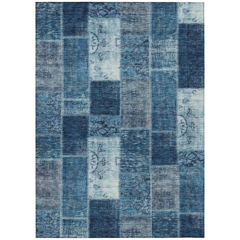 HomeRoots 3' X 5' Navy Blue And Sky Blue Patchwork Washable Indoor Outdoor Area Rug