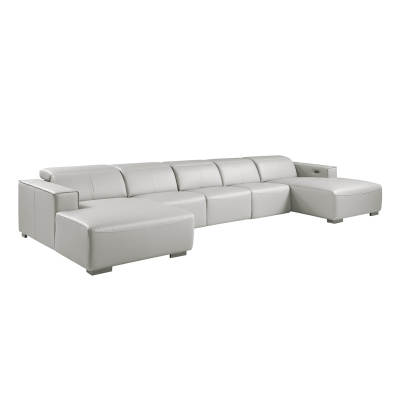 Canapé modulaire en U en cuir véritable 5 pièces gris clair avec 3 fauteuils inclinables électriques et appuis-tête réglables