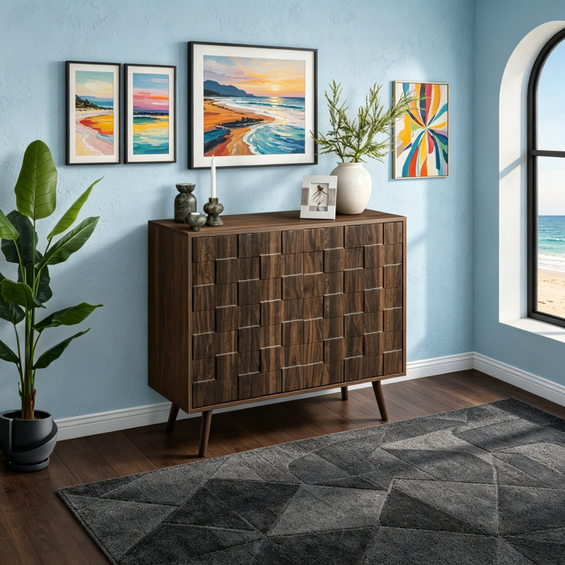 Commode Mid-Century avec armoire à 2 portes, tablette réglable, stratifié noyer foncé pour un rangement et un décor élégants