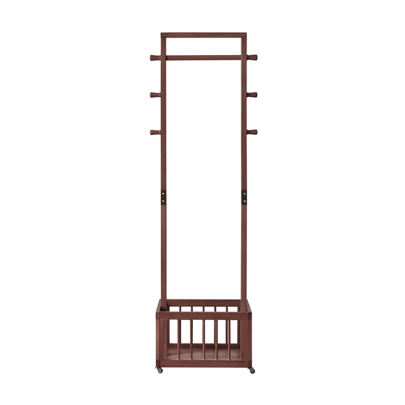 Solid Pine Freestanding Coat Rack with Rolling Wheels and Storage Basket, Walnut Finish Garment Stand with Side Hooks for Entryway and Bedroom