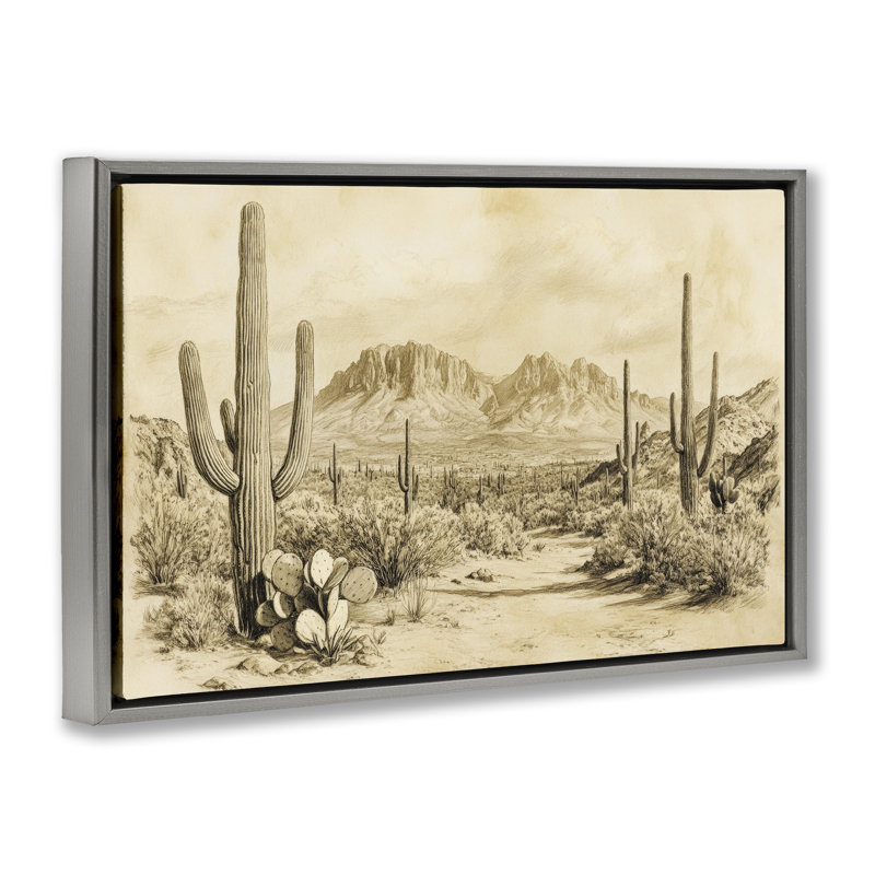 Cadre flottant Cactus Road, désert, design par Petal Prints Design, H 17 po x l 25 po, Cadre flottant gris lustré