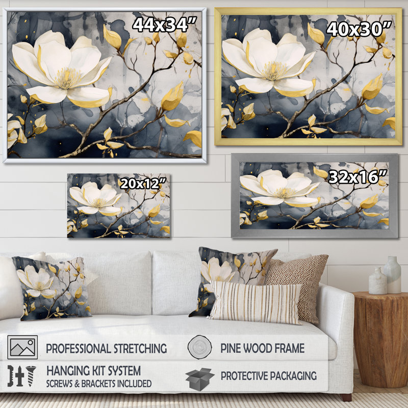 Jaune jaune, gris, magnolia, nature, élégance III - art mural sur toile florale, H 24 po x l 32 po x P 1 po, Toile tendue