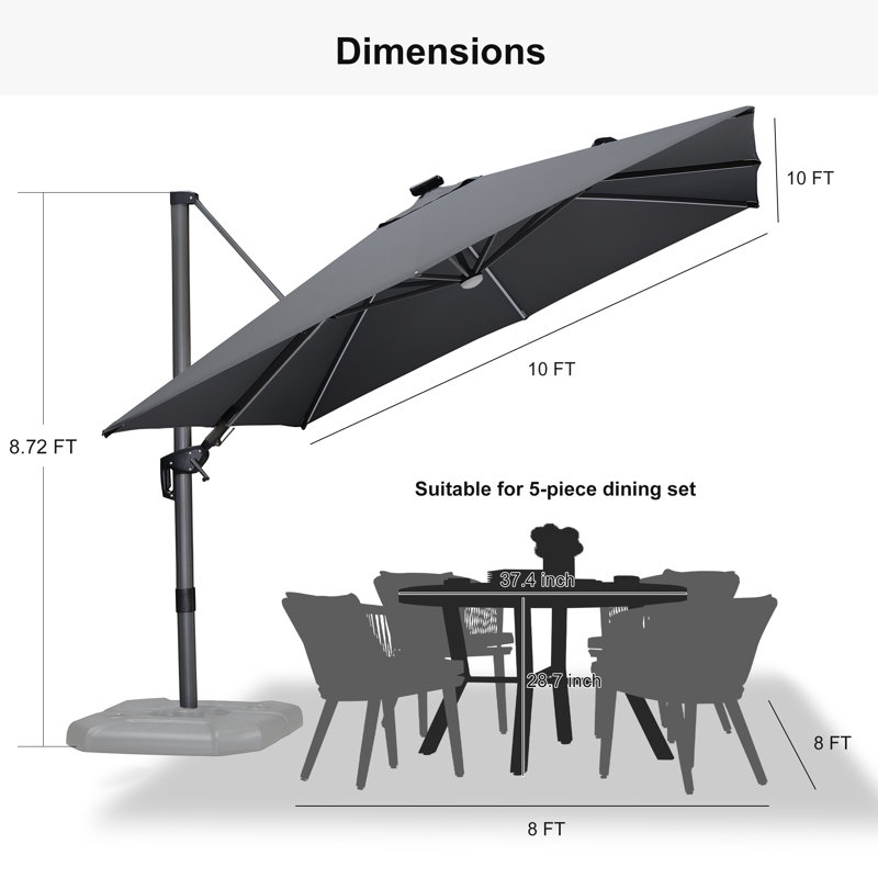 Parasol carré gris clair à énergie solaire en porte-à-faux 10 pi Rosemie, sans base