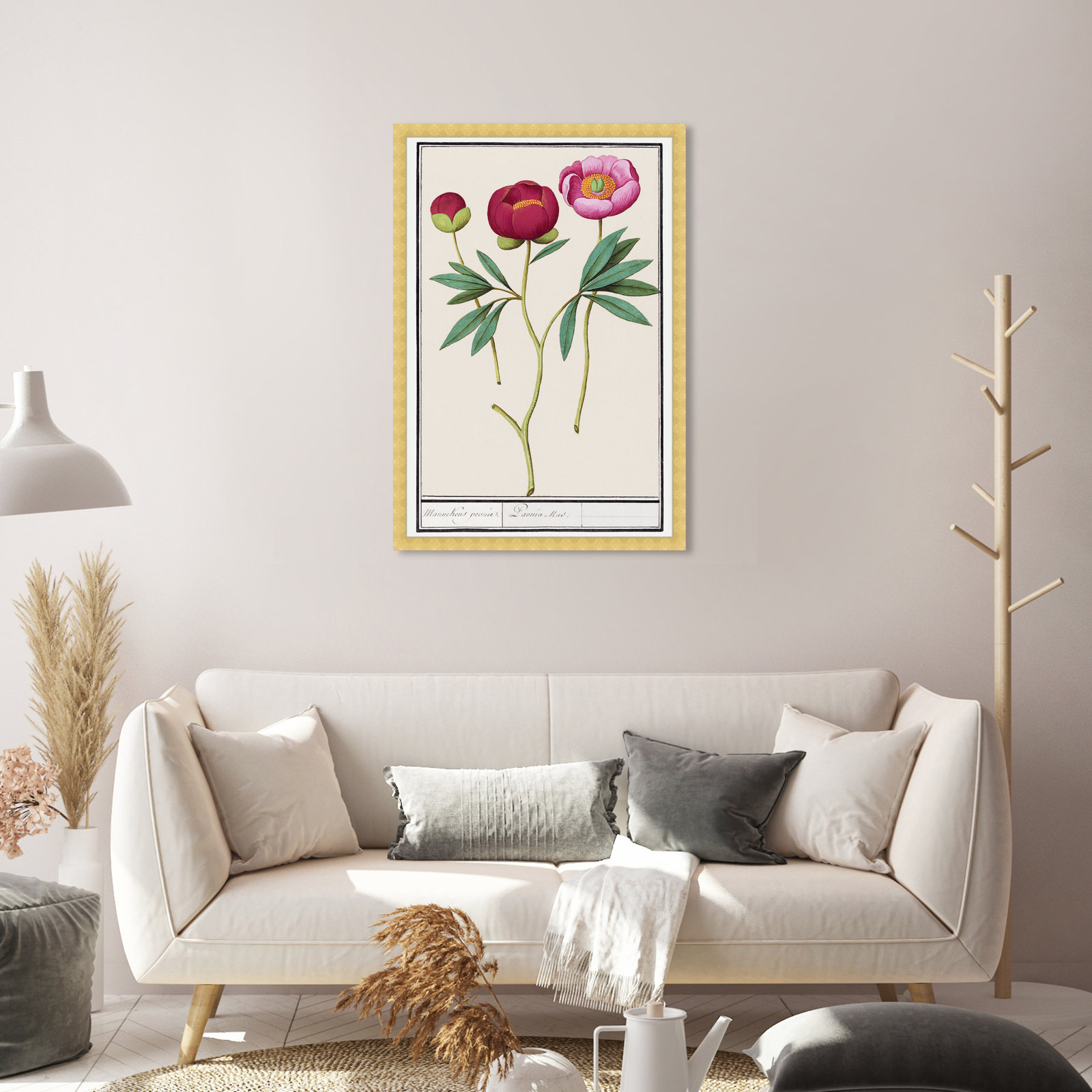 Red and Pink Peony Botanical Study Print, 32" H x 22" W, Gold