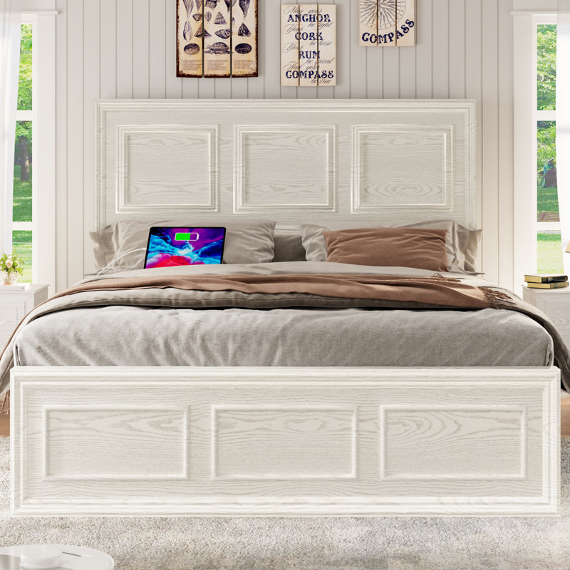 Platform Bed with LED Adjustable Headboard and Charging Port, White, Full