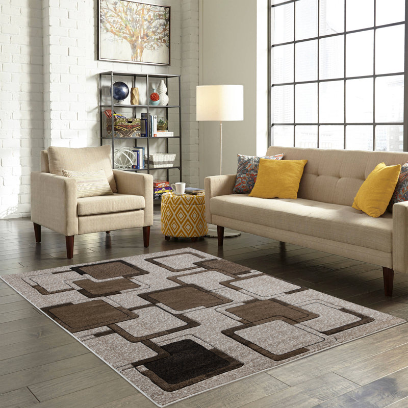 Tapis brun à motif géométrique Adonia, Rond 5 pi 2 po
