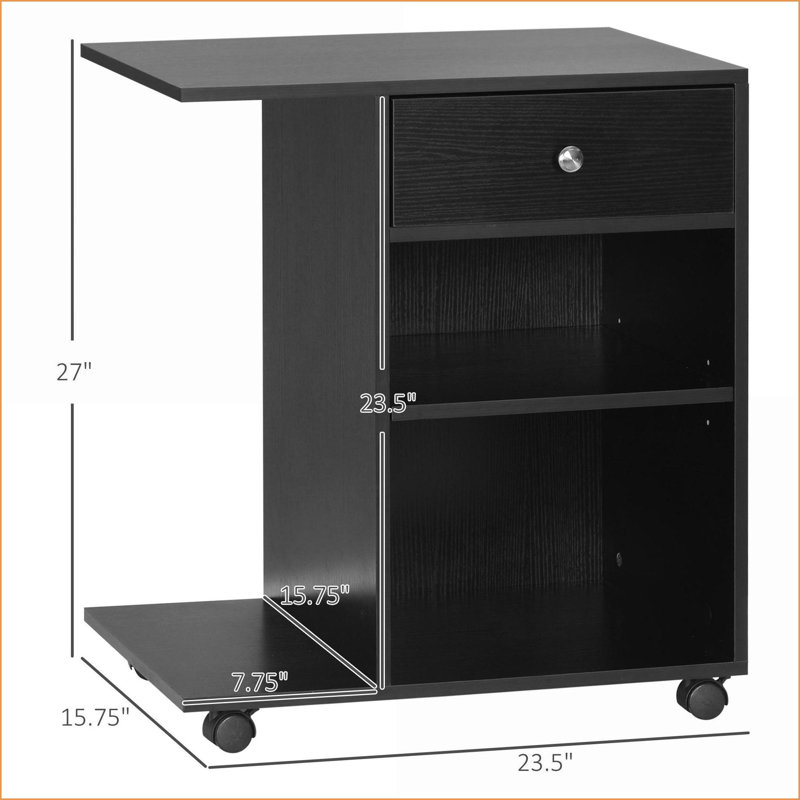 Chariot pour imprimante avec roulettes, tablette réglable et amp; Tiroir pour bureau / maison | Panneau de particules | Noir