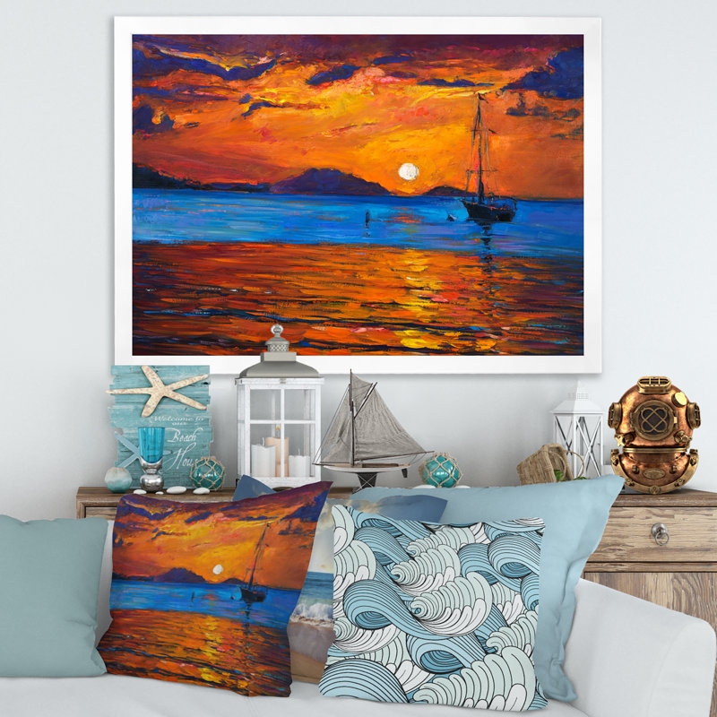 Bateau pendant la soirée, lueur au lac Ix - Peinture sur toile, H 16 po x l 32 po x p 1 po, Cadre blanc