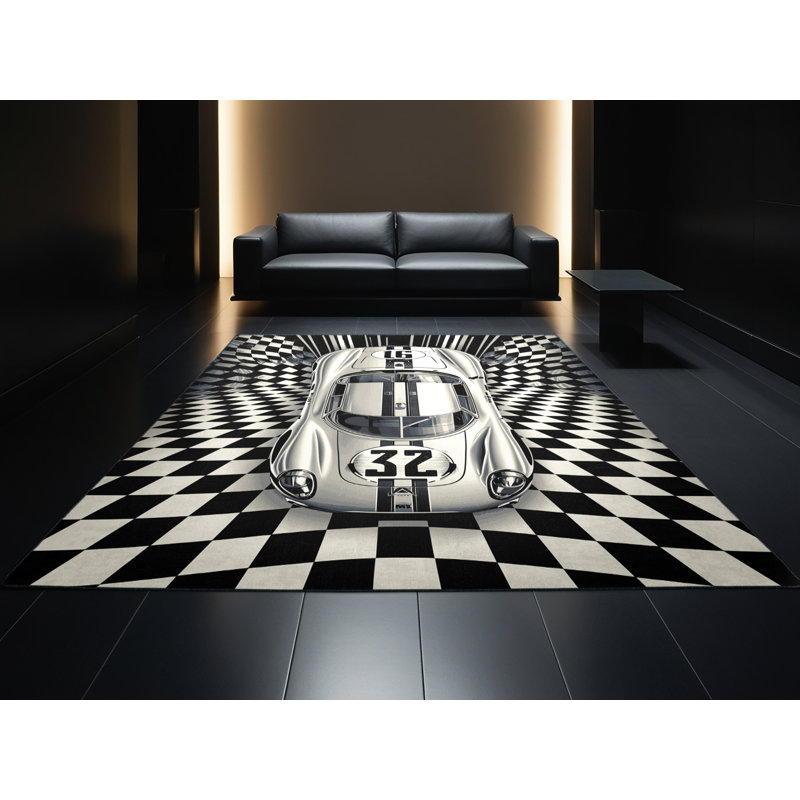 Machine Washable Eldred Retro Race Car Retro Checkered Rug in Black – Black Binding, 4x6